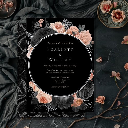 FOIL Gothic Vintage Black Dark Blush Wedding Foil Invitation