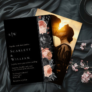 FOIL Gothic Vintage Black Monogram Photo Wedding Invitation