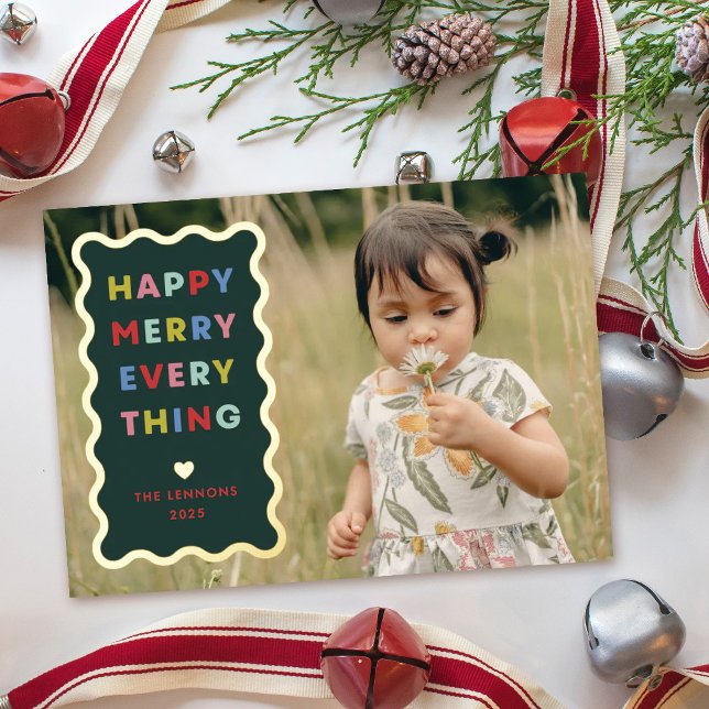Foil Green Happy Merry Wavy Christmas Photo Card (Creator Uploaded)