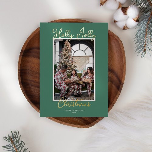 FOIL Green Holly Jolly Christmas Family Photo Foil Holiday Card