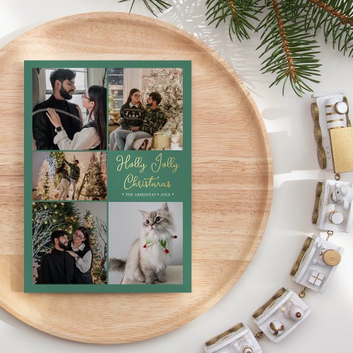 FOIL Green Holly Jolly Christmas Five Photo Foil Holiday Card