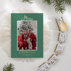 FOIL Green Holly Jolly Merry Christmas One Photo Foil Holiday Card