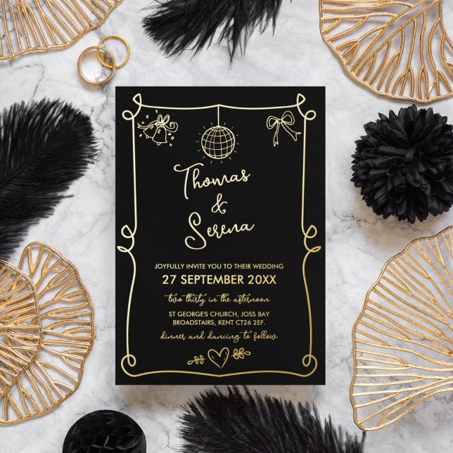 Foil Hand Drawn French Whimsical Doodle Wedding Holiday Card (Creator Uploaded)