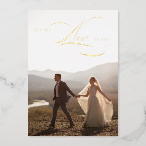 Foil Happy New Year Script Holiday Full Photo Card