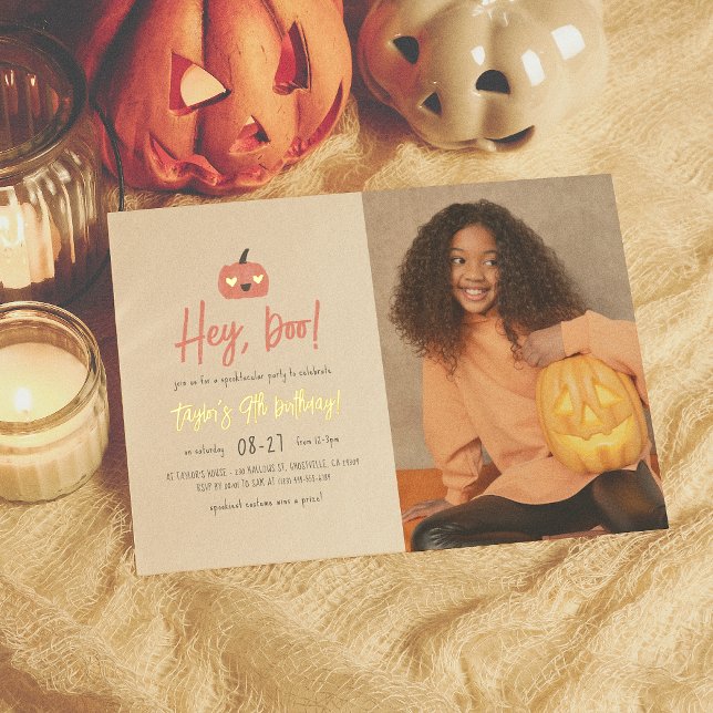 Foil Hey Boo Modern Halloween Boho Birthday Photo Invitation (Creator Uploaded)