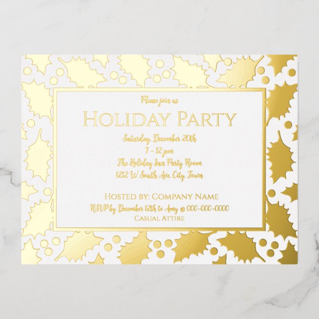 Foil Holly Framed Holiday Party Postcard Invite (Front)