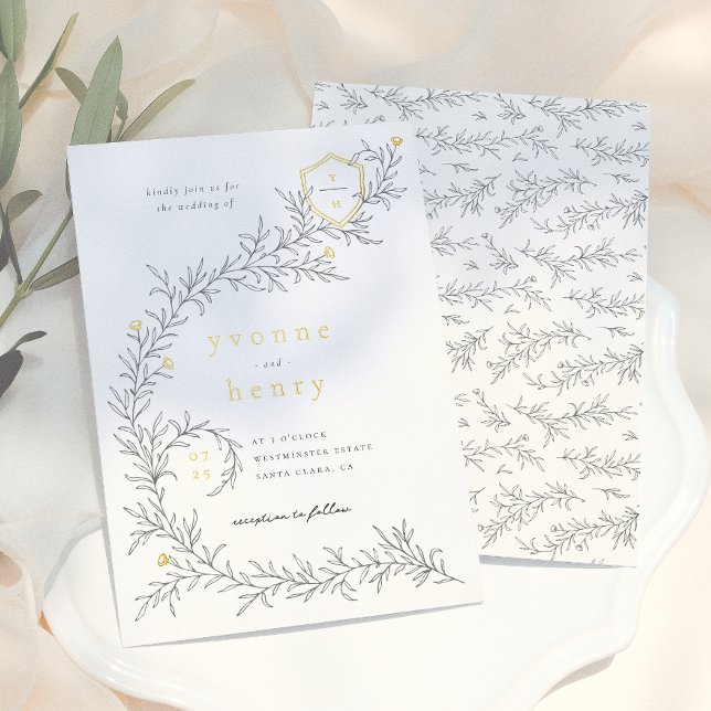 Foil Illustrated Botanical Black & White Wedding Invitation (Creator Uploaded)