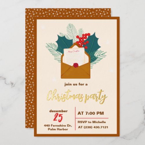 Foil Invitation with Christmas lettering and holly