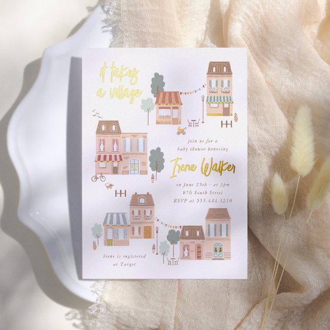 Foil It Takes A Village Gender Neutral Baby Shower Invitation (Creator Uploaded)