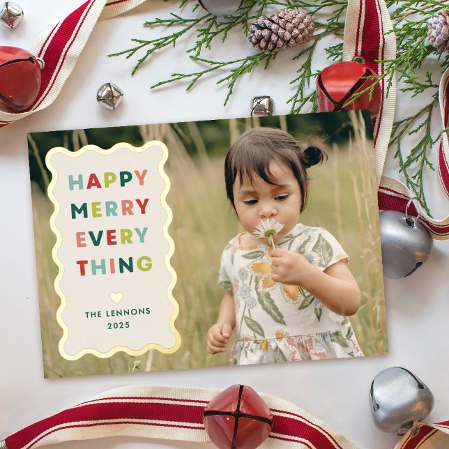 Foil Ivory Happy Merry Wavy Christmas Photo Card (Creator Uploaded)