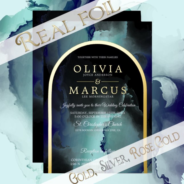 Foil Jade and Navy Blue Modern Fluid Ink Invitation (Creator Uploaded)