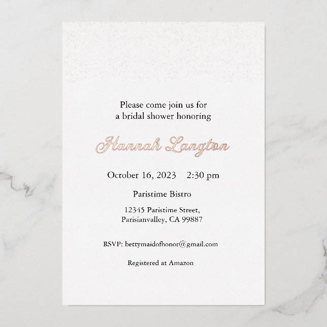 Foil Lace Bridal Shower Invitation, Gold, Rosegold Foil Invitation (Front)