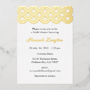 Foil Lace Bridal Shower Invitation, Gold, Rosegold Invitation