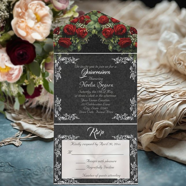 Foil Leaf Frame Quinceanera - Black/Rose Bouquet All In One Invitation (Creator Uploaded)