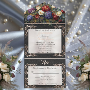 Foil Leaf Frame Quinceanera - Pearl/Floral Bouquet All In One Invitation