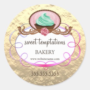 Foil Look Elegant Cupcake Bakery Packaging Classic Round Sticker by SocialiteDesigns at Zazzle
