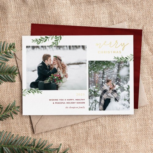 Foil Merry Christmas  Greenery Branches 2 Photo Foil Holiday Card