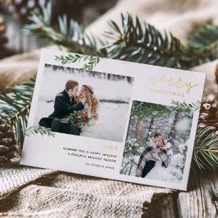 Foil Merry Christmas   Greenery Branches 2 Photo Holiday Card