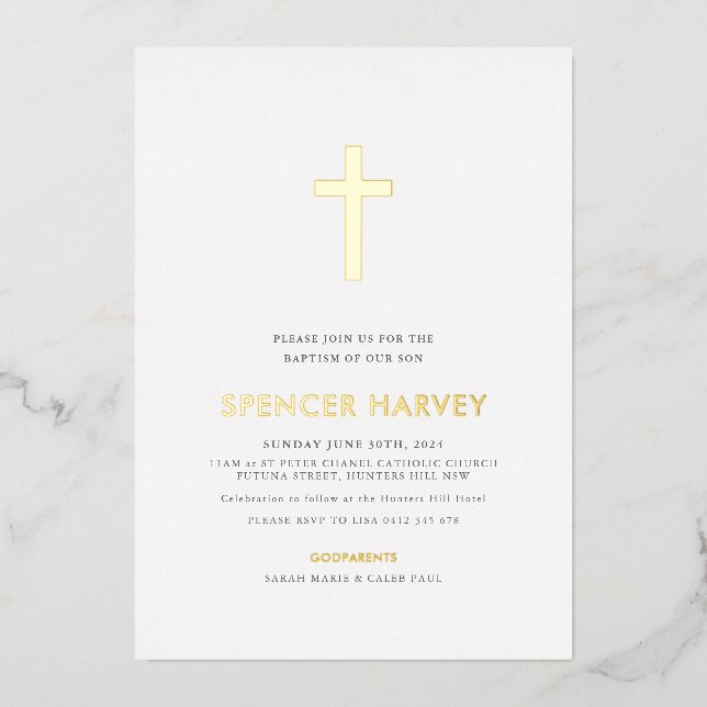 Foil Minimal Baptism Christening Boys Invitation (Front)
