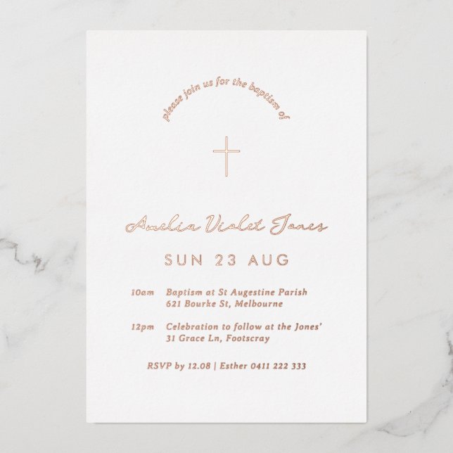 Foil Minimal Baptism Christening Cross Invitation (Front)