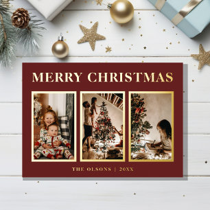 FOIL Minimalist Classic Christmas Red Three Photo Foil Holiday Card