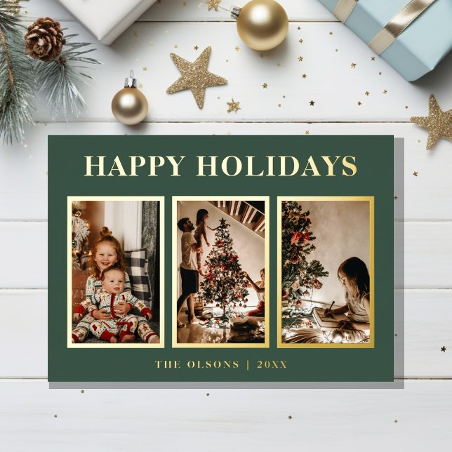 FOIL Minimalist Classic Holidays Green Three Photo Foil Holiday Card (Creator Uploaded)