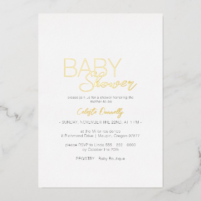FOIL Modern Minimalist White Baby Shower Foil Invitation (Front)