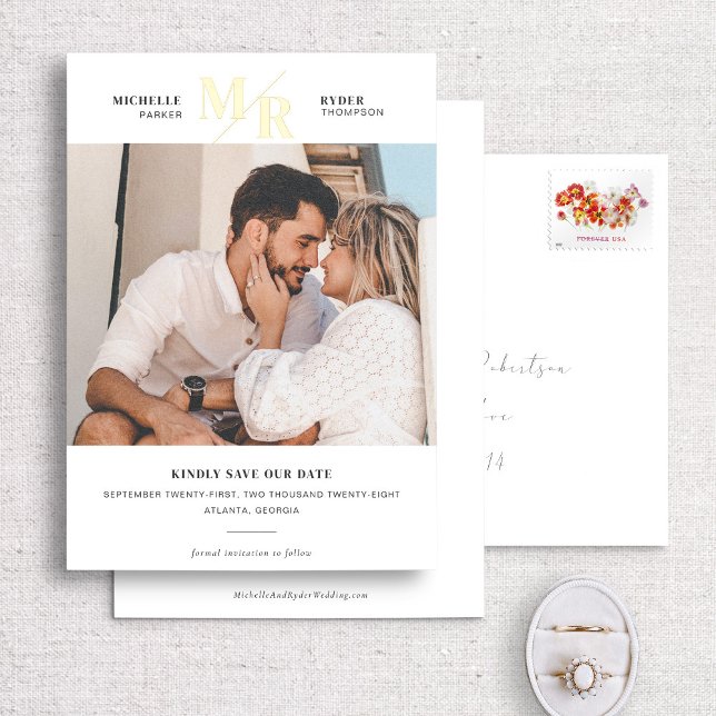 Foil Modern Monogram Minimal Photo Save the Date Foil Invitation (Creator Uploaded)