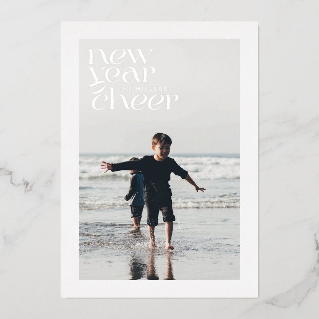 Foil Modern Trends New Year Cheer Photo Card (Front)