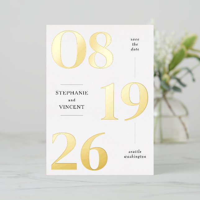 Foil Modern Wedding Date Save the Date Photo Card (Standing Front)