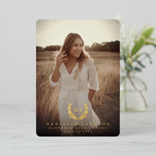 Foil Monogram 2 Photo Graduation Announcement (Standing Front)