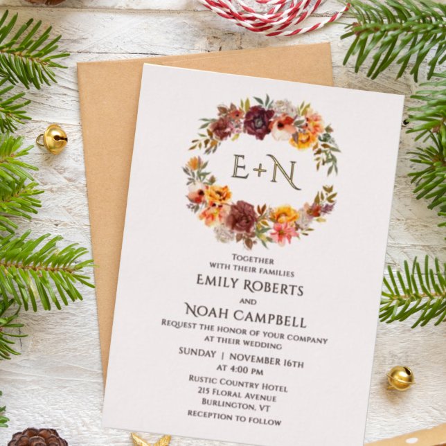 Foil Monogram Autumn Rustic Plum Floral Wedding Foil Invitation (Creator Uploaded)