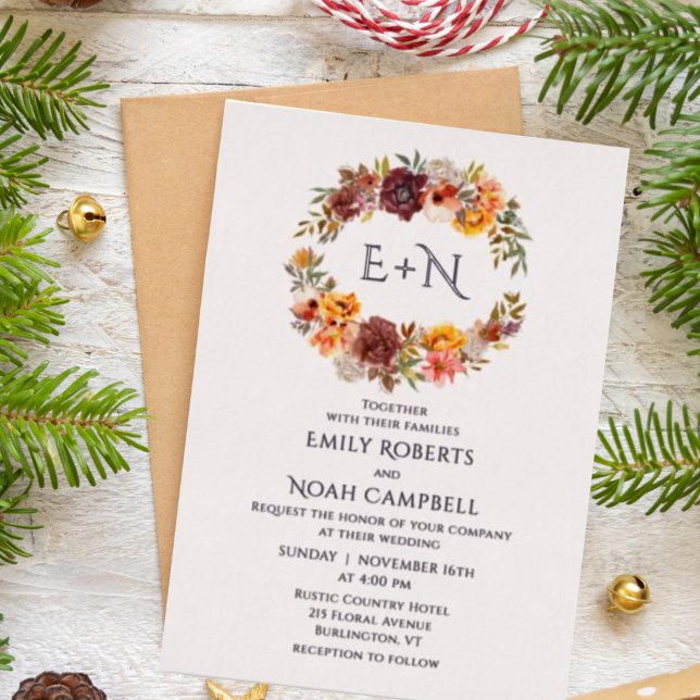 Foil Monogram Autumn Rustic Plum Floral Wedding Invitation (Creator Uploaded)