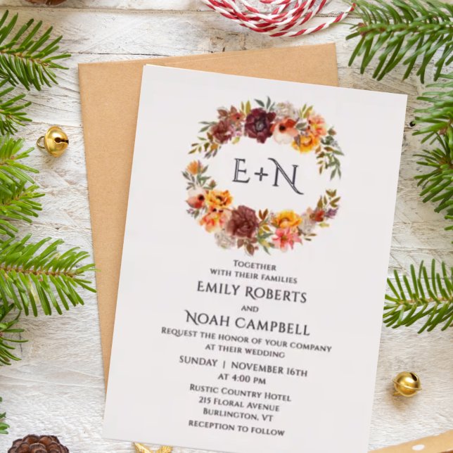 Foil Monogram Autumn Rustic Plum Floral Wedding Invitation (Creator Uploaded)