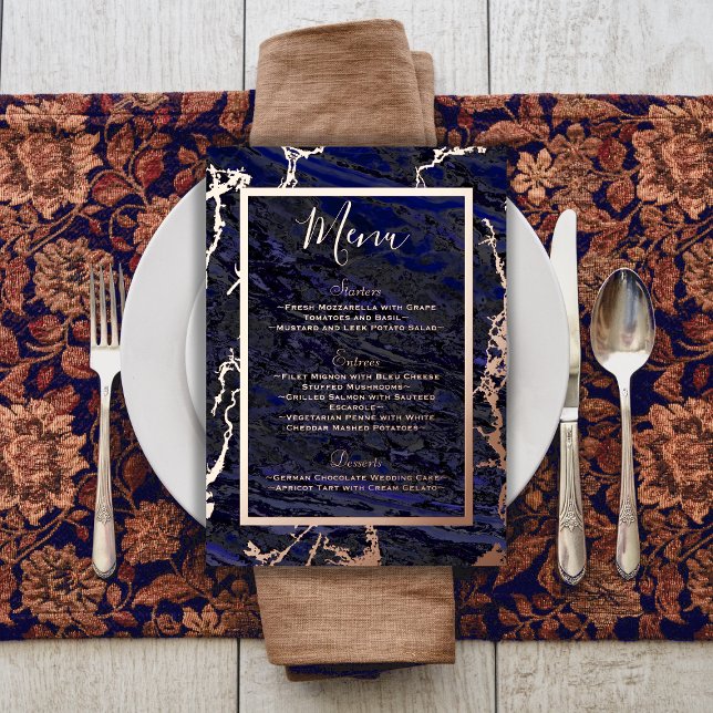 Foil & Navy Blue Wedding Food and Drinks Menu Invitation (Creator Uploaded)