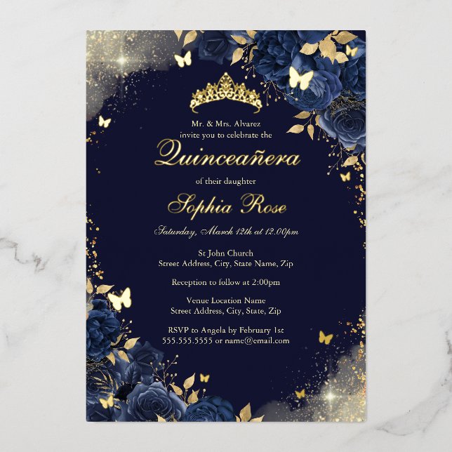 Foil Navy Gold Butterfly Floral Quinceanera Foil Invitation (Front)