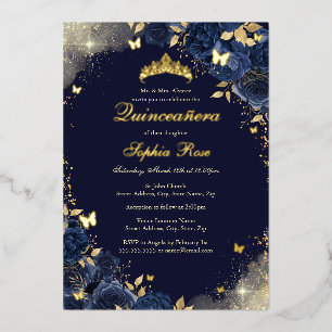 Foil Navy Gold Butterfly Floral Quinceanera Invitation