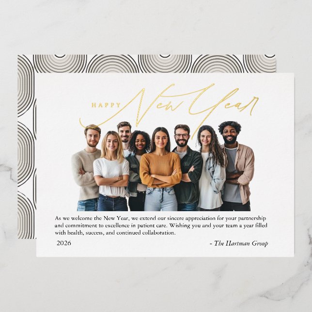 Foil New Year Greetings Photo with Art Deco  Invitation (Front/Back)