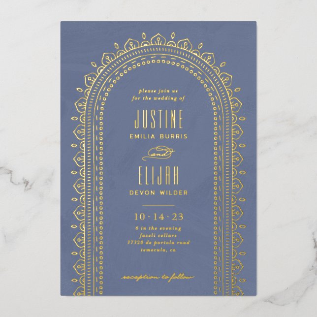 Foil Ornate Arch Wedding Invitation - Blue (Front)