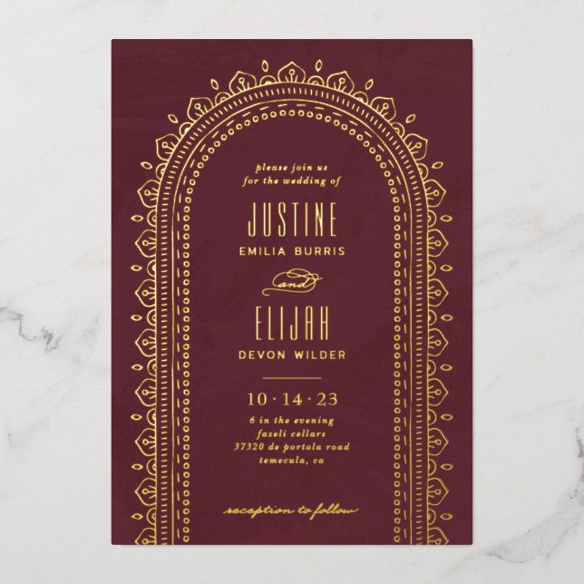 Foil Ornate Arch Wedding Invitation - Maroon (Front)