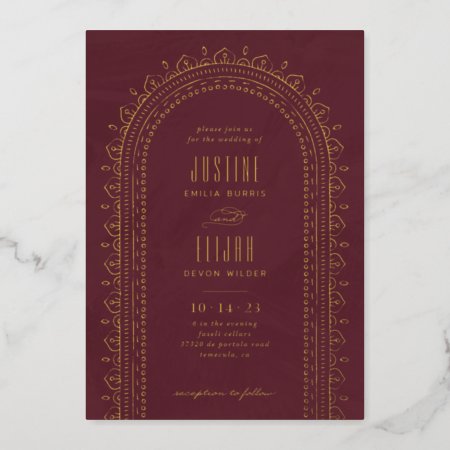Foil Ornate Arch Wedding Invitation - Maroon Foil Invitation
