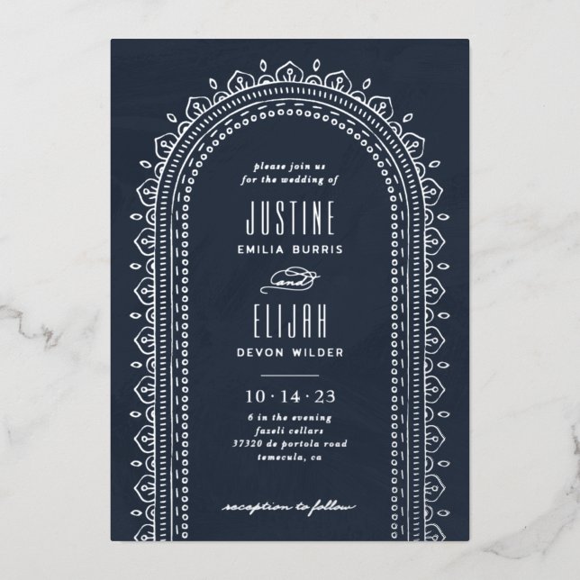 Foil Ornate Arch Wedding Invitation - Navy Foil Invitation (Front)