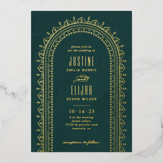 Foil Ornate Arch Wedding Invitation - Teal (Front)