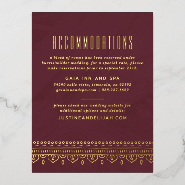 Foil Ornate Frame Accommodations Card - Maroon (Front)