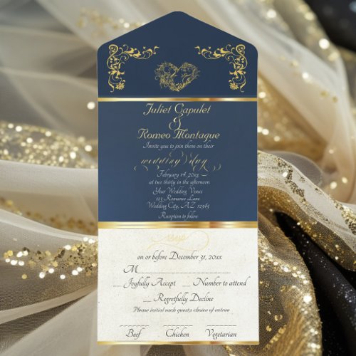 Foil Ornate Frame & Heart - Blue All In One Invitation