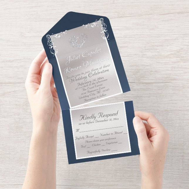 Foil Ornate Frame & Heart - Blue All In One Invitation (Tearaway)
