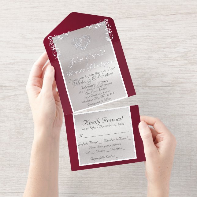 Foil Ornate Frame & Heart - Burgundy All In One Invitation (Tearaway)
