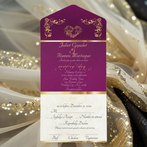Foil Ornate Frame & Heart - Plum All In One Invitation