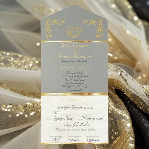 Foil Ornate Frame & Heart - Sage All In One Invitation