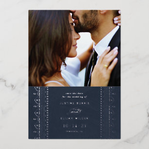 Foil Ornate Frame Save the Date Card - Navy